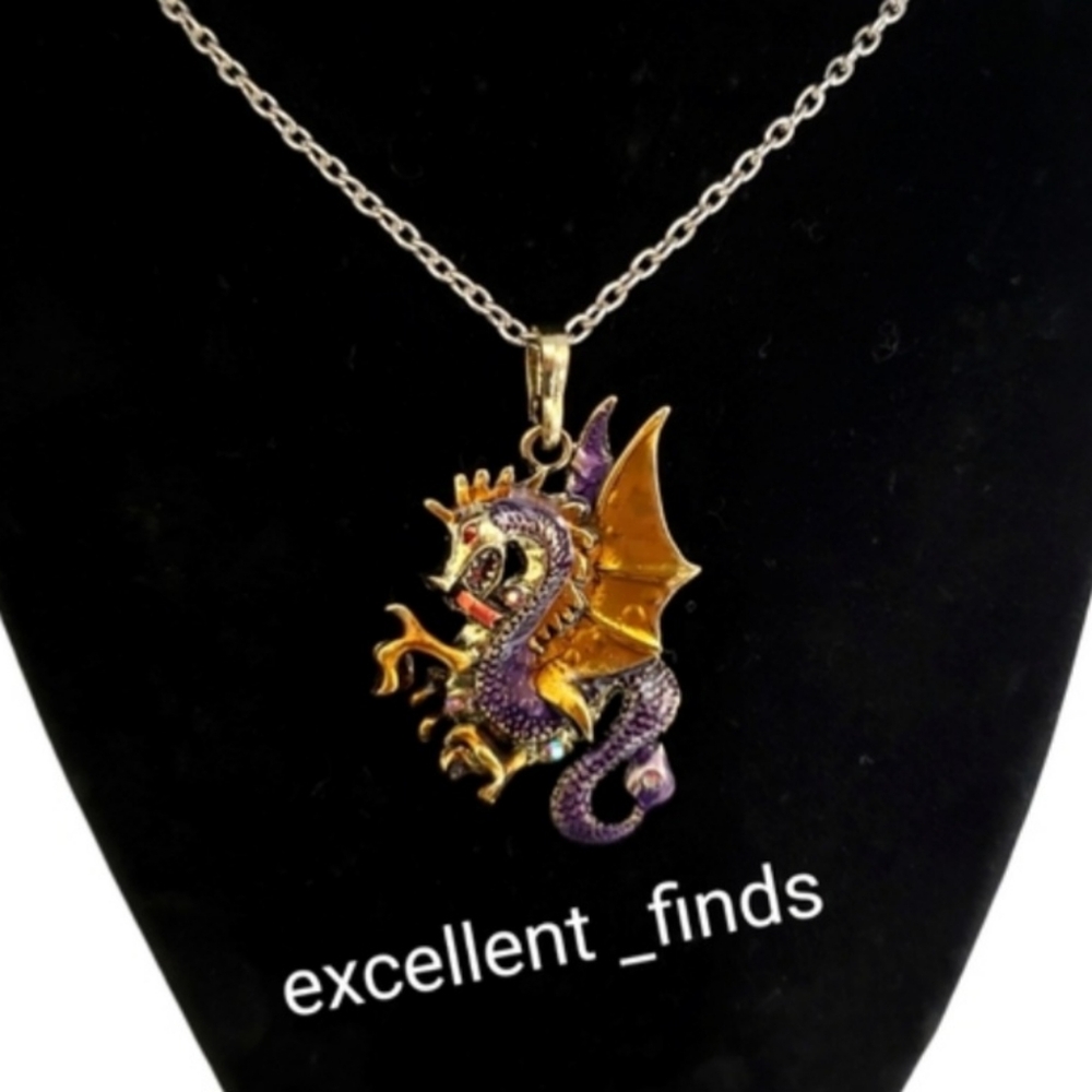 NEW Dragon Purple and Gold Enamel Necklace